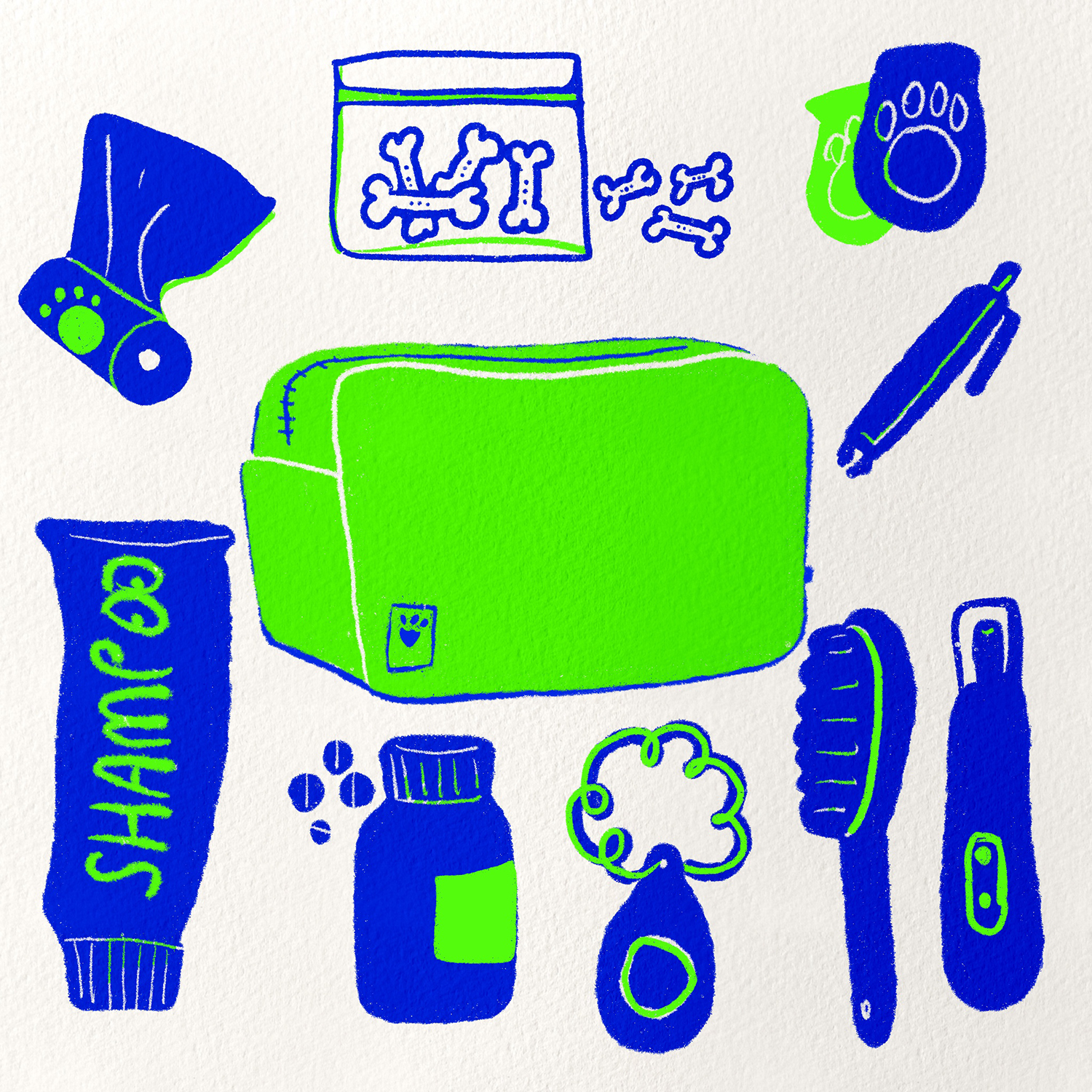 What's in my dog's travel pouch, Hurtta zhero pouch, dog  gear illustration, www.DOGvision.eu