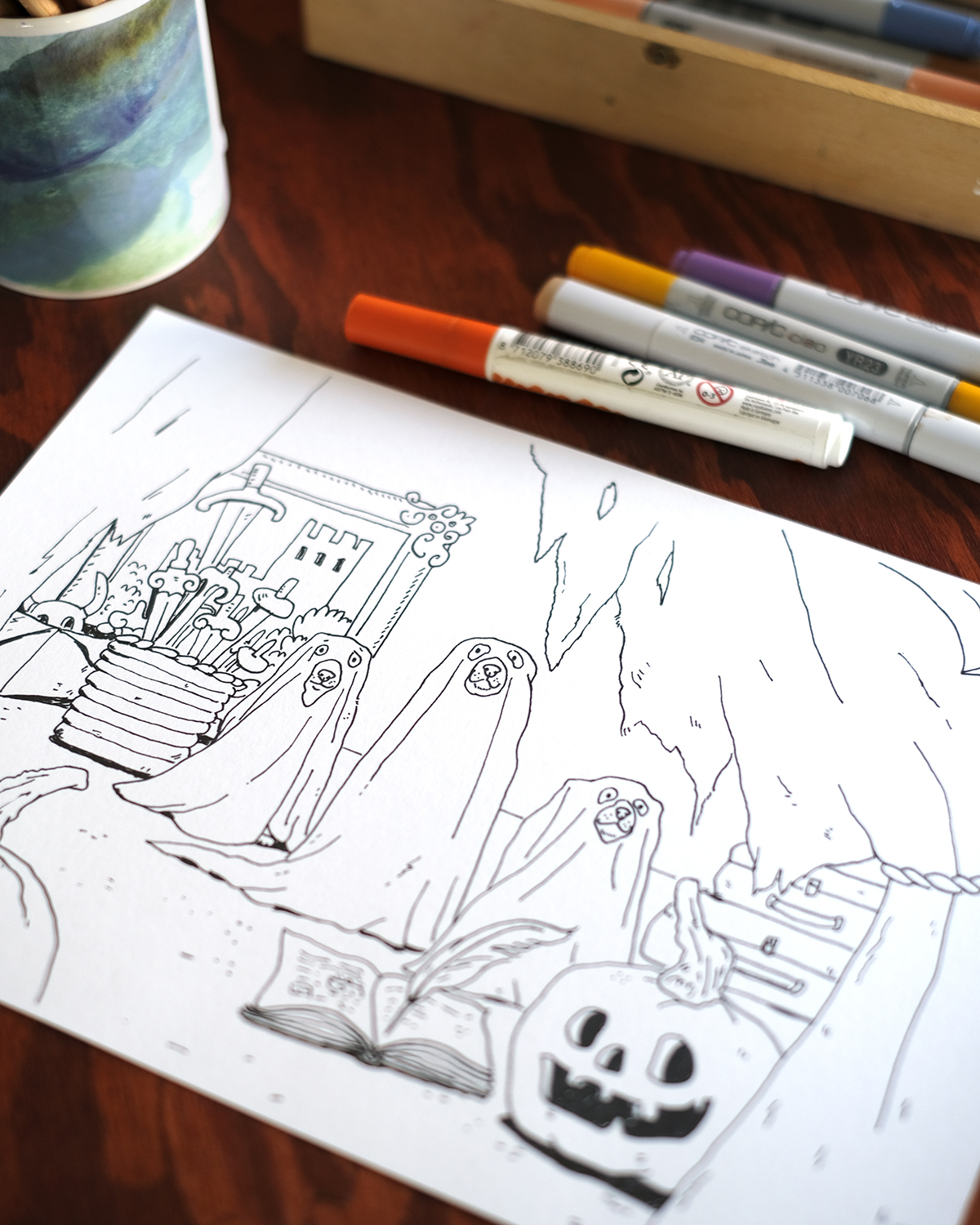 Printable spooky Halloween dog colouring pages, www.DOGvision.eu