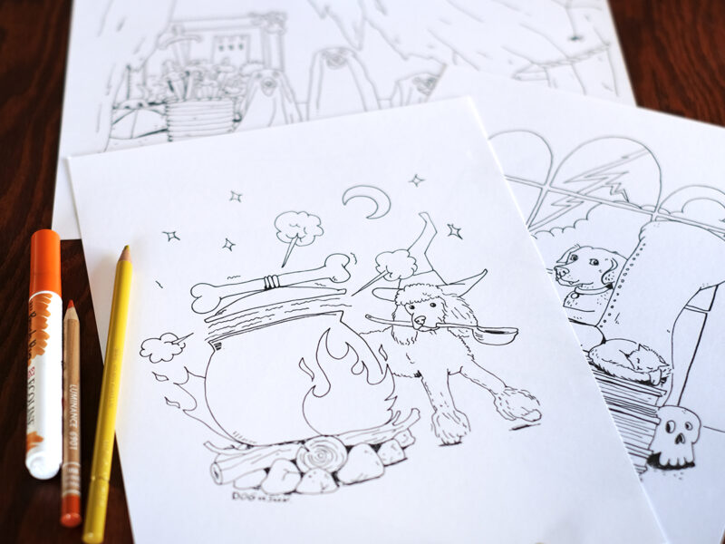 Printable spooky Halloween dog colouring pages, www.DOGvision.eu
